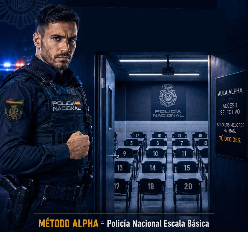 Método ALPHA · Policía Nacional Escala Básica. Un agente de la Policía Nacional ante la puerta del aula ALPHA, con el aula preparada al fondo.